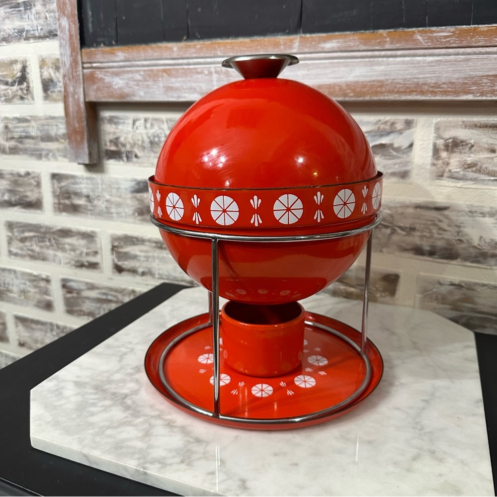 Vtg Catherine Holm Mai Fondue Pot Rare Red Orange Enamel Saturn Incomplete